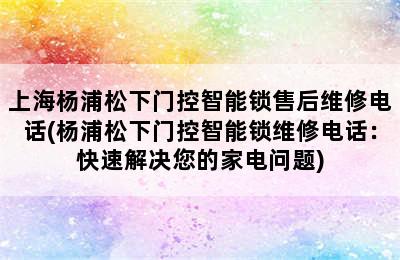 上海杨浦松下门控智能锁售后维修电话(杨浦松下门控智能锁维修电话：快速解决您的家电问题)