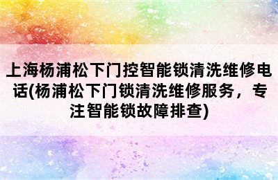 上海杨浦松下门控智能锁清洗维修电话(杨浦松下门锁清洗维修服务，专注智能锁故障排查)