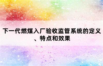 下一代燃煤入厂验收监管系统的定义、特点和效果