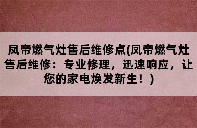 凤帝燃气灶售后维修点(凤帝燃气灶售后维修：专业修理，迅速响应，让您的家电焕发新生！)