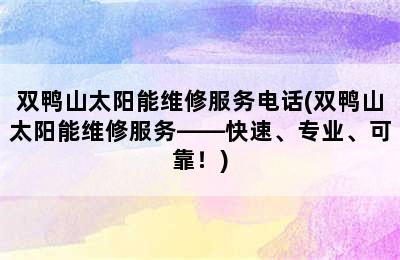 双鸭山太阳能维修服务电话(双鸭山太阳能维修服务——快速、专业、可靠！)