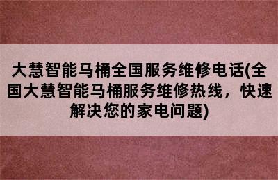 大慧智能马桶全国服务维修电话(全国大慧智能马桶服务维修热线，快速解决您的家电问题)