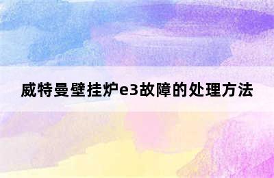 威特曼壁挂炉e3故障的处理方法