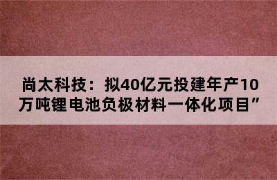 尚太科技：拟40亿元投建年产10万吨锂电池负极材料一体化项目”