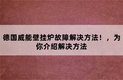 德国威能壁挂炉故障解决方法！，为你介绍解决方法