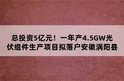 总投资5亿元！一年产4.5GW光伏组件生产项目拟落户安徽涡阳县