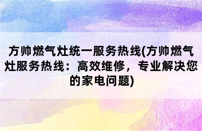 方帅燃气灶统一服务热线(方帅燃气灶服务热线：高效维修，专业解决您的家电问题)