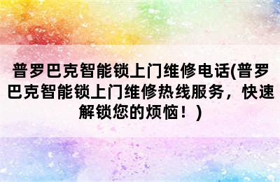 普罗巴克智能锁上门维修电话(普罗巴克智能锁上门维修热线服务，快速解锁您的烦恼！)