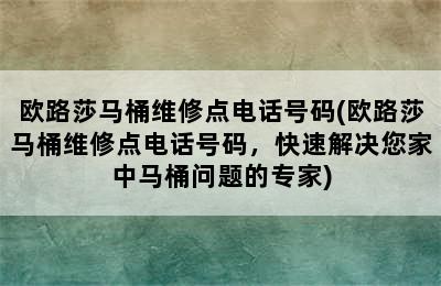 欧路莎马桶维修点电话号码(欧路莎马桶维修点电话号码，快速解决您家中马桶问题的专家)