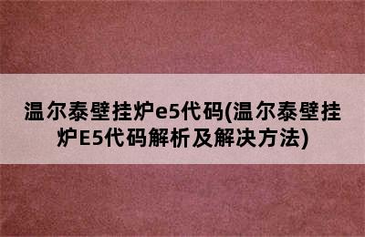 温尔泰壁挂炉e5代码(温尔泰壁挂炉E5代码解析及解决方法)