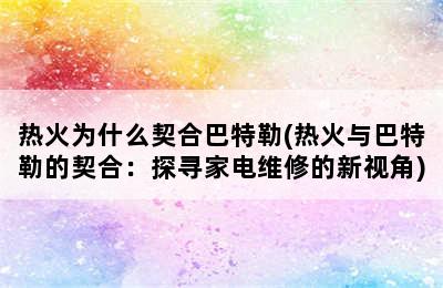 热火为什么契合巴特勒(热火与巴特勒的契合：探寻家电维修的新视角)