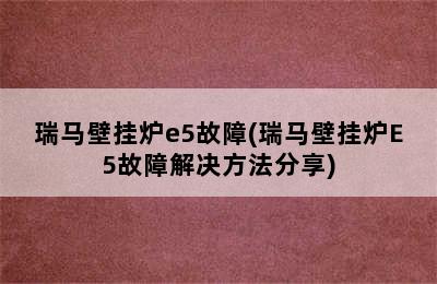 瑞马壁挂炉e5故障(瑞马壁挂炉E5故障解决方法分享)