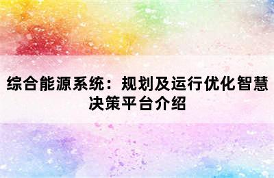 综合能源系统：规划及运行优化智慧决策平台介绍