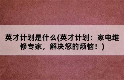 英才计划是什么(英才计划：家电维修专家，解决您的烦恼！)