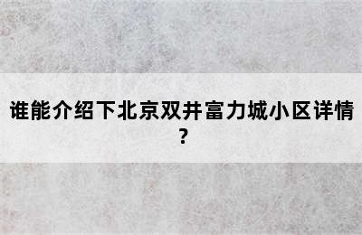 谁能介绍下北京双井富力城小区详情？