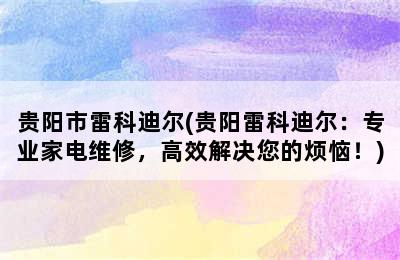 贵阳市雷科迪尔(贵阳雷科迪尔：专业家电维修，高效解决您的烦恼！)