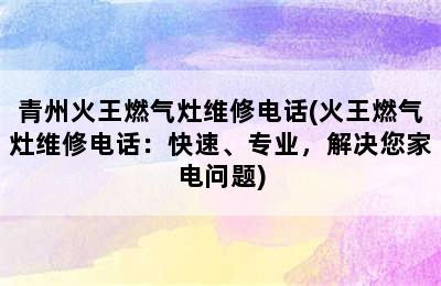 青州火王燃气灶维修电话(火王燃气灶维修电话：快速、专业，解决您家电问题)