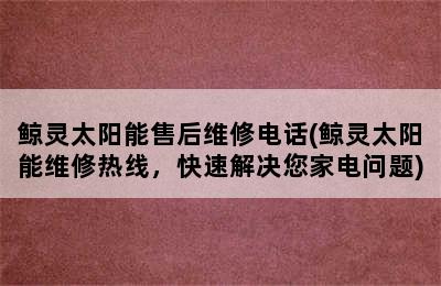 鲸灵太阳能售后维修电话(鲸灵太阳能维修热线，快速解决您家电问题)